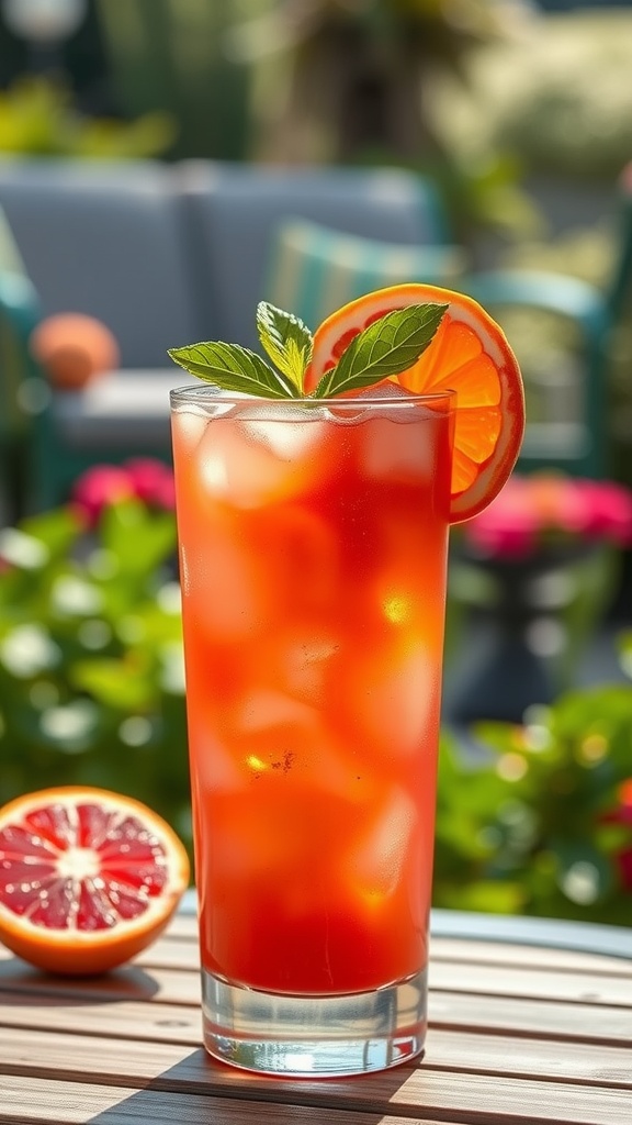 Blood Orange Rum Spritz cocktail with ice and garnished with blood orange slice and mint leaves.